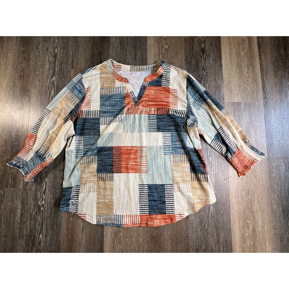 Wiholl Blouse Women 3XL Multi Color Geometric Patchwork Smocked Cuff V-Neck Top
